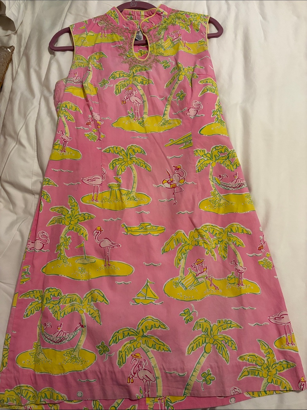 Lilly Pulitzer Pink Tropical Flamingo Shift Dress with Yellow & Green Print